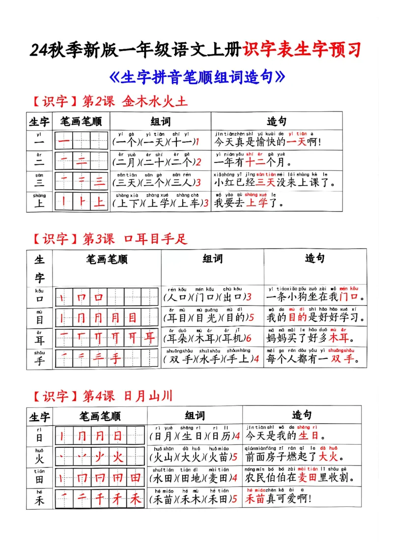 《24秋季新版一年级语文上册识字表生字预习_1年级上册同步教辅_1上语文_一上语文-生字+字帖》第1页预览