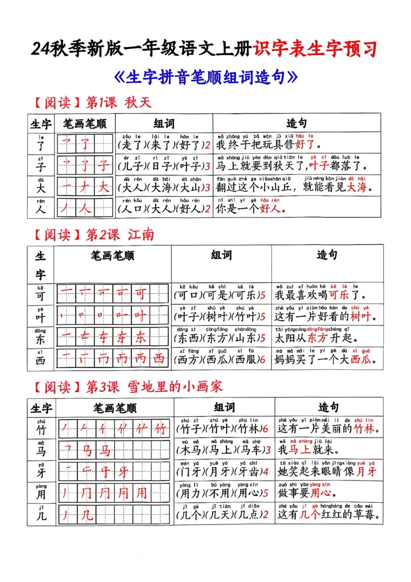《24秋季新版一年级语文上册识字表生字预习_1年级上册同步教辅_1上语文_一上语文-生字+字帖》第3页预览