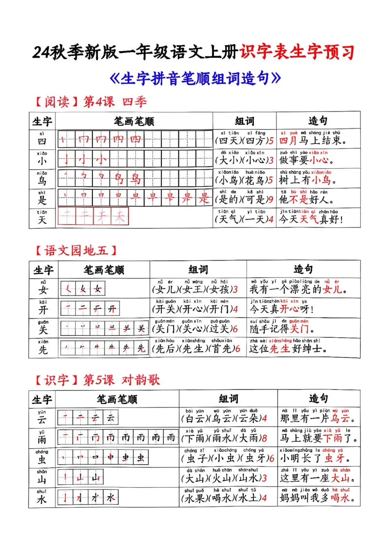 《24秋季新版一年级语文上册识字表生字预习_1年级上册同步教辅_1上语文_一上语文-生字+字帖》第4页预览