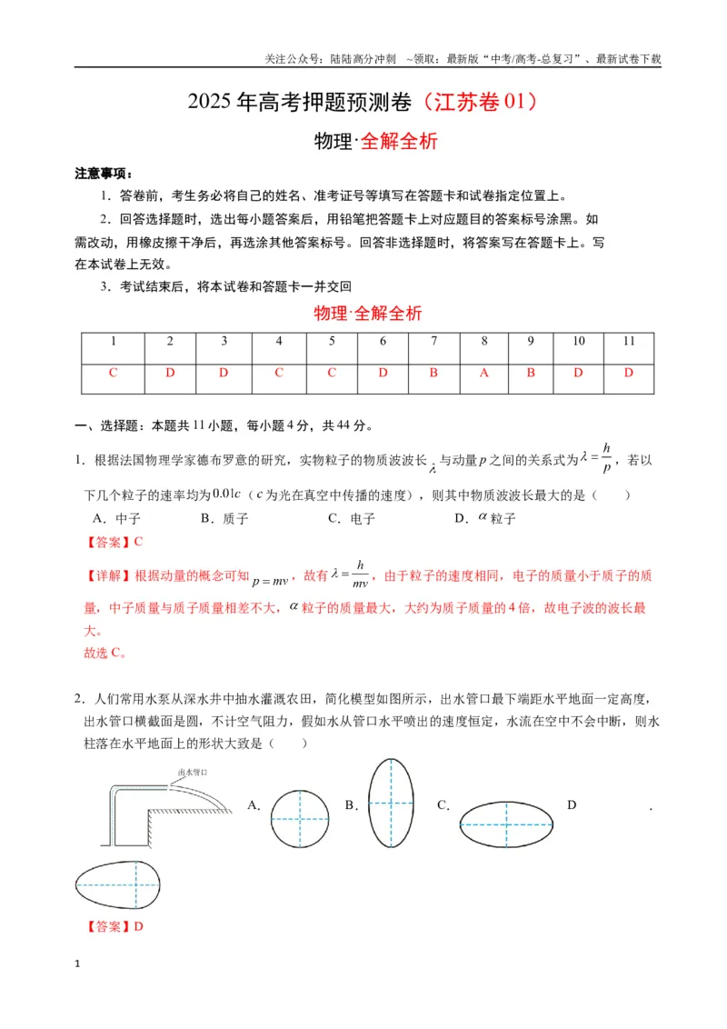《物理（江苏卷01）（全解全析）_04-物理-高考总复习_专项复习_2025年_2025年高考押题预测卷（多地区）物理》第1页预览