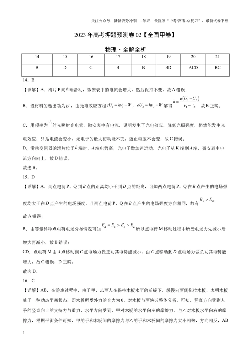 《2023年高考押题预测卷02（全国甲卷）-物理（全解全析）_04-物理-高考总复习_专项复习_2024年_2023年高考押题预测卷01物理》第1页预览