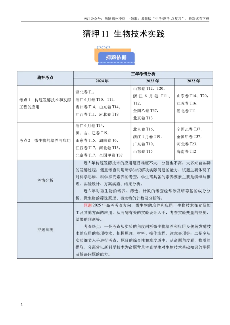 《猜押11生物技术实践（教师版）_06-生物-高考总复习_专项复习_2025年_2025年高考生物抢分秘籍（新高考专用）_2025版》第1页预览