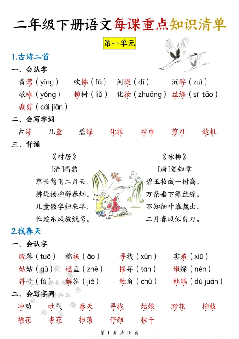 《B20142二年级下册语文每课重点知识清单SY(1)(微信564455174)_2年级下册同步教辅_2下-语文_二下语文-重点必备资料》第1页预览