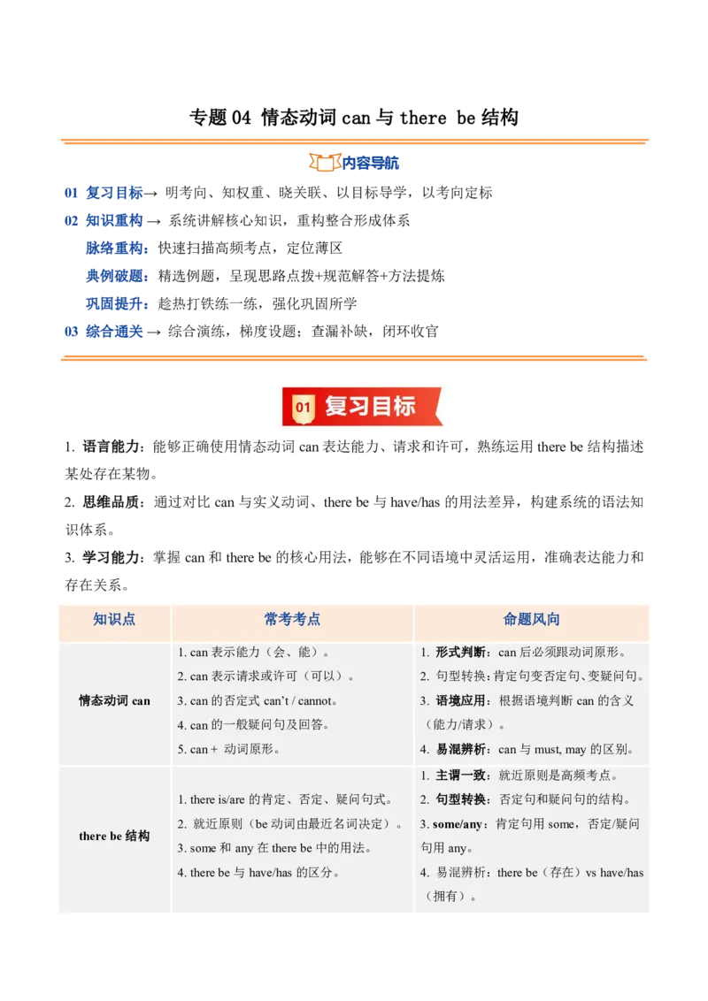 《人教2026《暑假复习讲义》专题04情态动词can与therebe结构（暑假复习讲义）（解析版）_26秋初中教辅资料_26秋初中《暑假预习》_2026秋《暑假复习讲义》7上英语》第1页预览