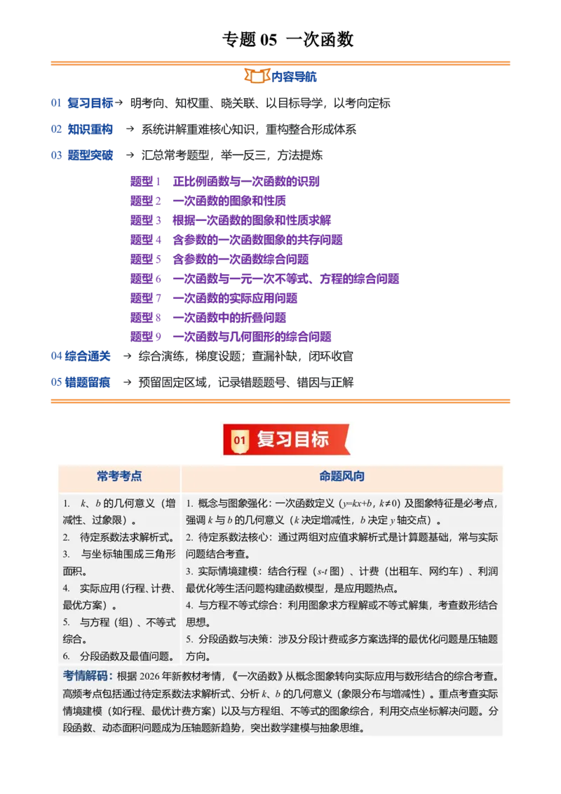 《专题05一次函数(暑假复习讲义)(解析版)_26秋小学初中各机构教辅大合集（一本、教材帮、阳光同学、王朝霞、实验班、小典中点、上分卷、白欧、课堂笔记等等）_26秋初中教辅资料_复习》第1页预览