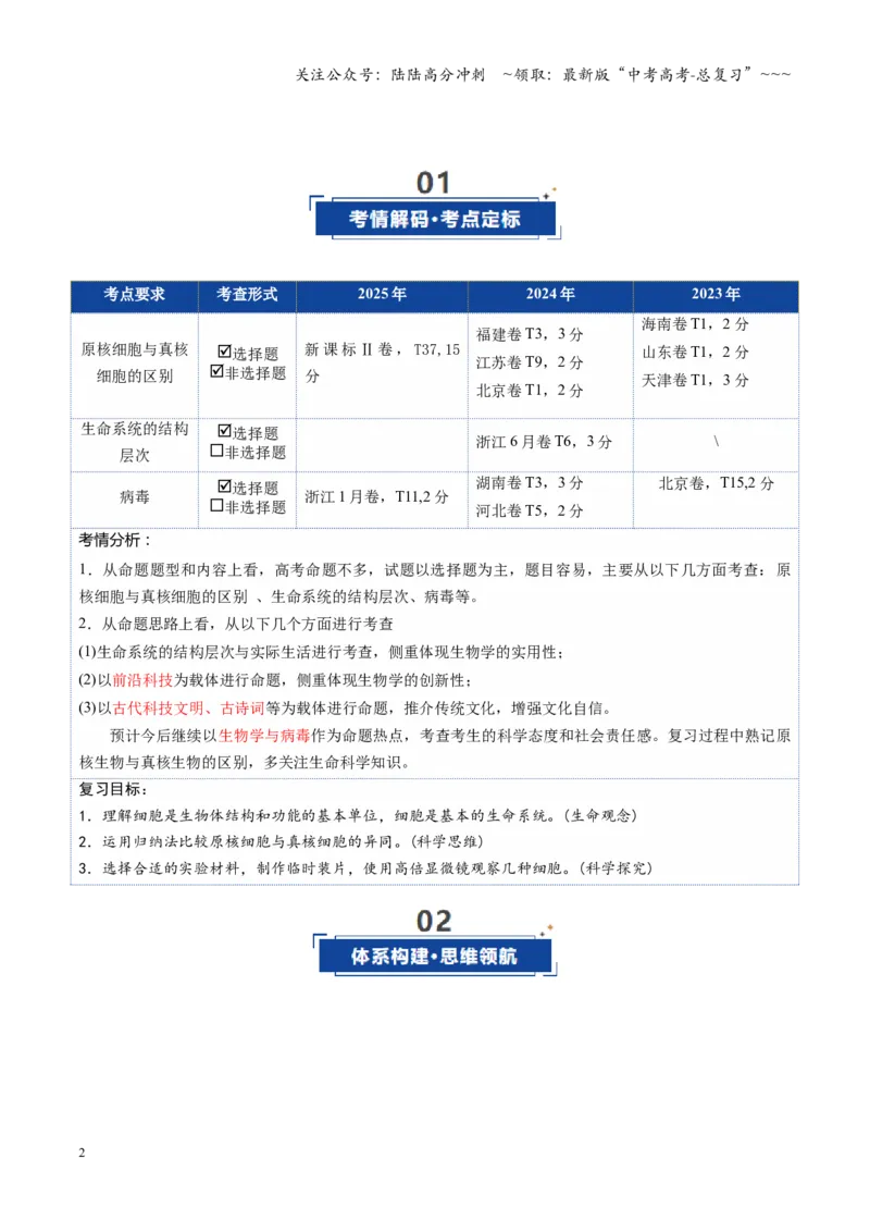 《第01讲走近细胞（复习讲义）（全国通用）（学生版）_06-生物-高考总复习_一轮复习_2026年-生物高考一轮复习_2026年高考生物一轮复习讲义+练习+课件（新教材新高考）-G55_2026版》第2页预览