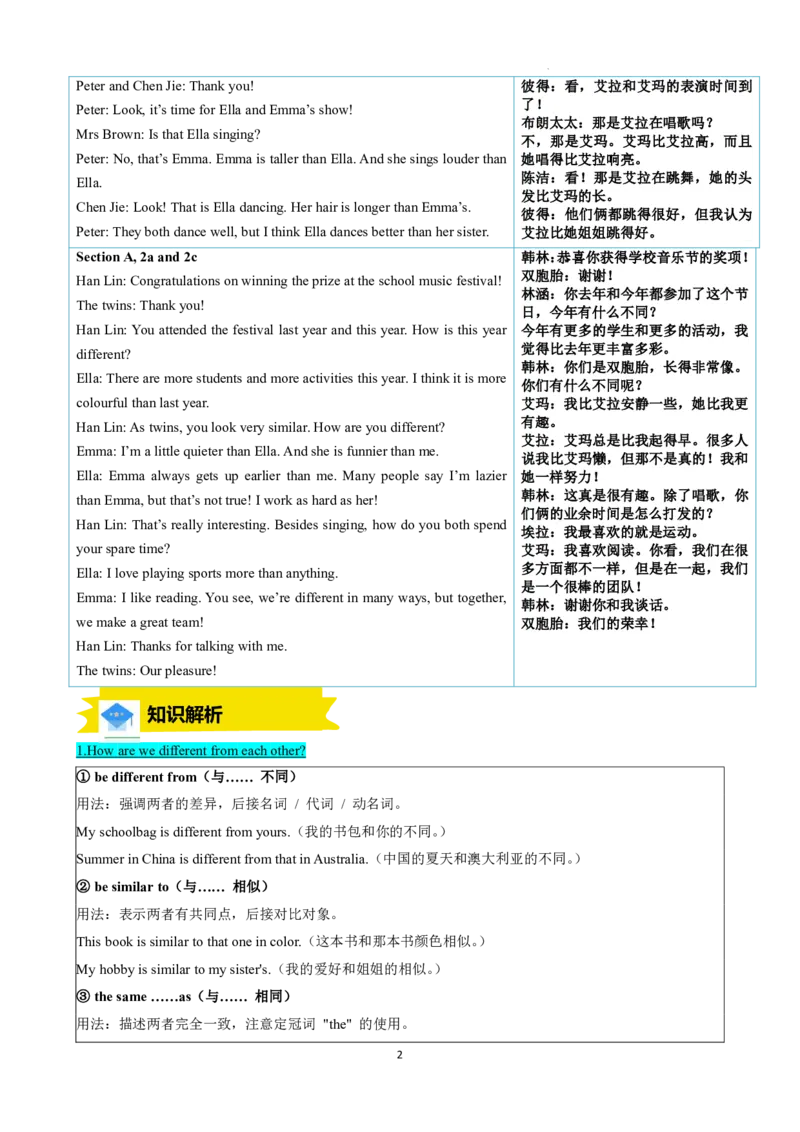 《人教2026版《暑假预习讲义》专题05Unit3SameorDifferentSectionA（解析版）_26秋初中教辅资料_26秋初中《暑假预习》_（英语）2026版初中《暑假衔接讲义》新8年级上册（人教）01套》第2页预览