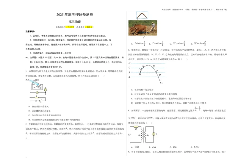 《物理（云南卷01）（考试版A3）_04-物理-高考总复习_专项复习_2025年_2025年高考押题预测卷（多地区）物理》第1页预览
