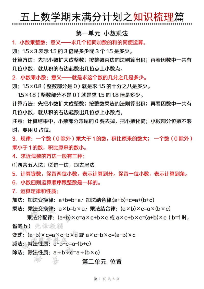 《24年五上数学期末满分计划之知识梳理篇（1）-SY_5年级上册同步教辅_5上数学_五上数学通用重点必背资料+专项练习》第1页预览