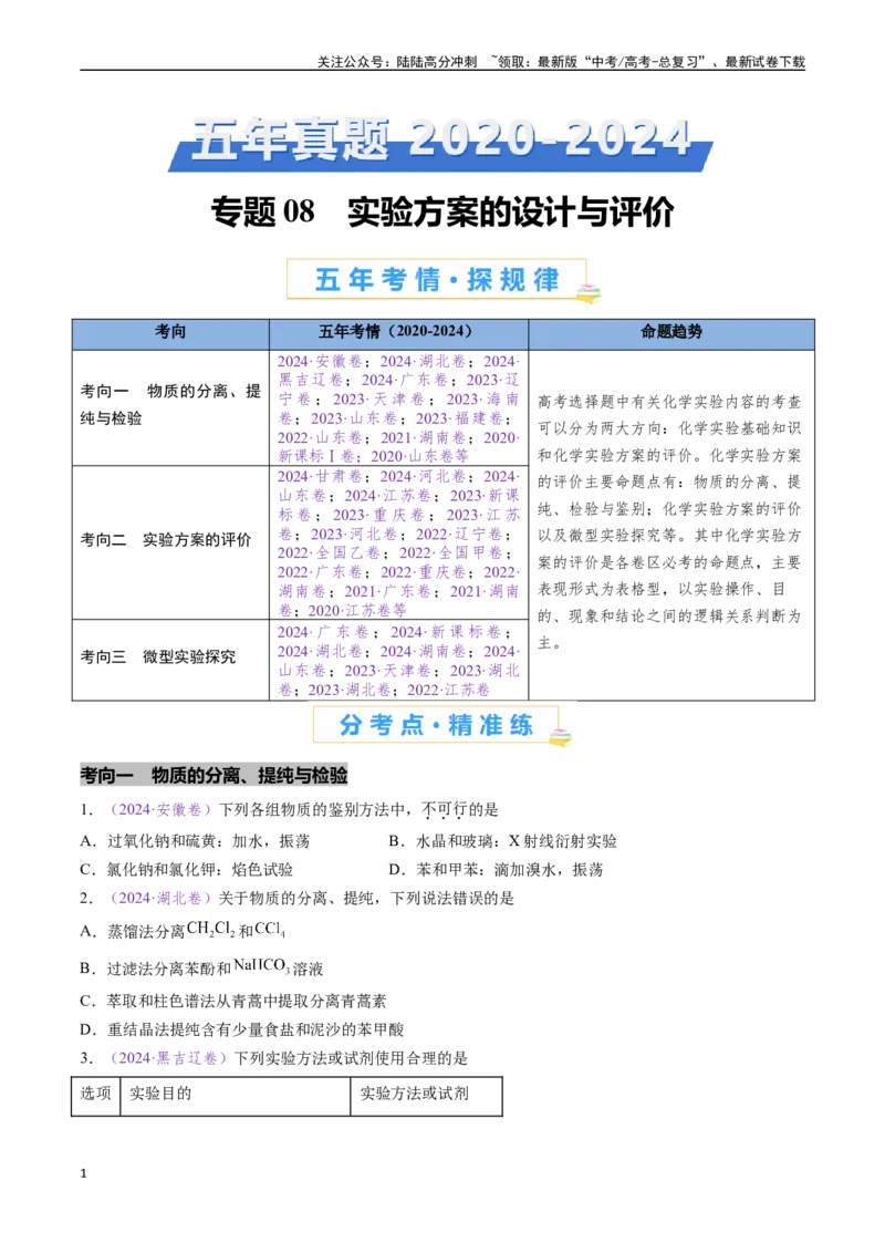 《专题08实验方案的设计与评价（全国通用）（原卷版）_05-化学-高考总复习_专项复习_2024年_2024年高考化学真题分类汇编（全国通用）》第1页预览