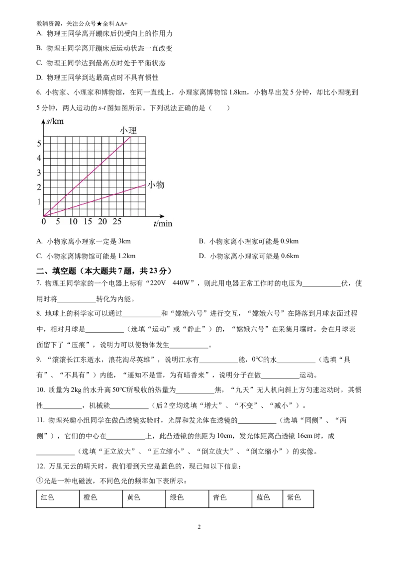 《2025上海市中考物理试题(回忆版)(原卷版)_历年中考真题2013-2025_初中物理历年中考真题（2013-2025）_初中物理历年中考真题（2025）_2025上海市中考物理试题(回忆版)》第2页预览