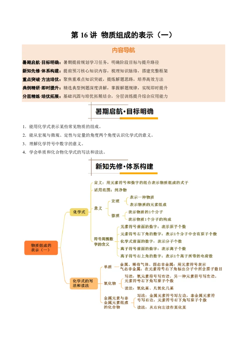 《人教2026版《暑假培优讲义》第16讲物质组成的表示（一）（暑假培优讲义）（解析版）_26秋初中教辅资料_26秋初中《暑假预习》》第1页预览