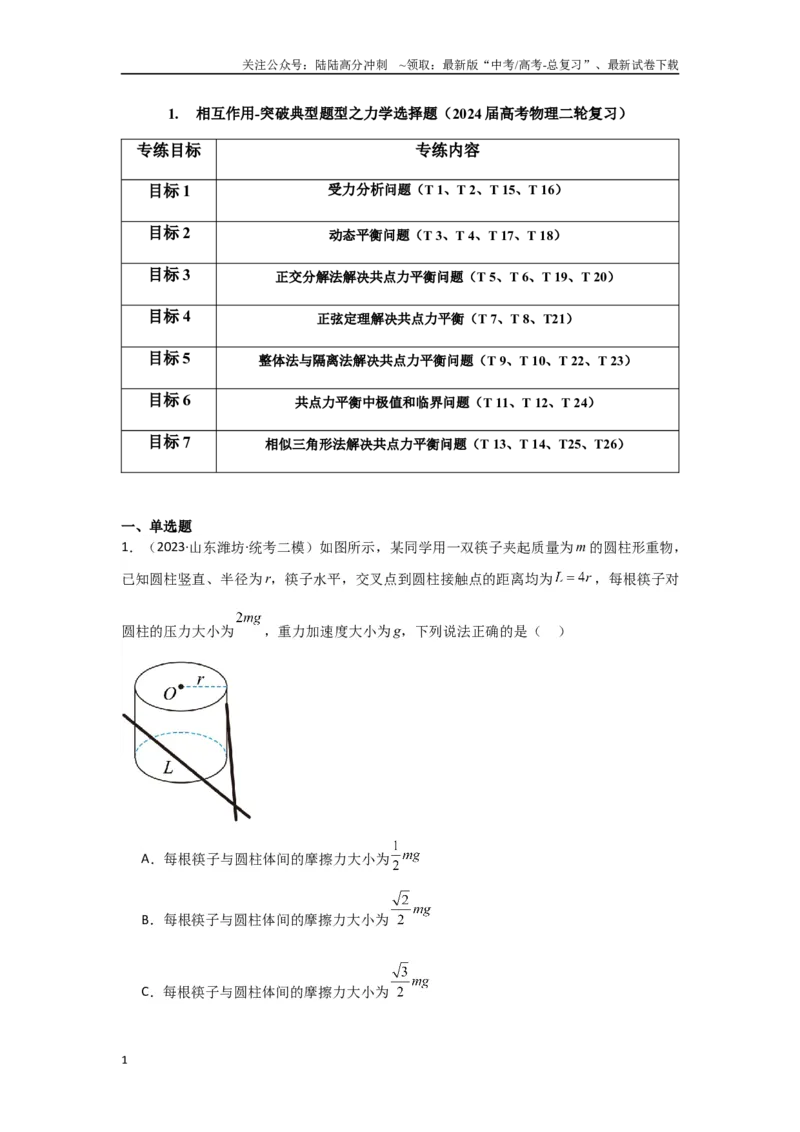 《1.相互作用（原卷版）_04-物理-高考总复习_二轮复习_2024年_2024高考物理二轮复习选择题典型题型练习全国通用_资料》第1页预览