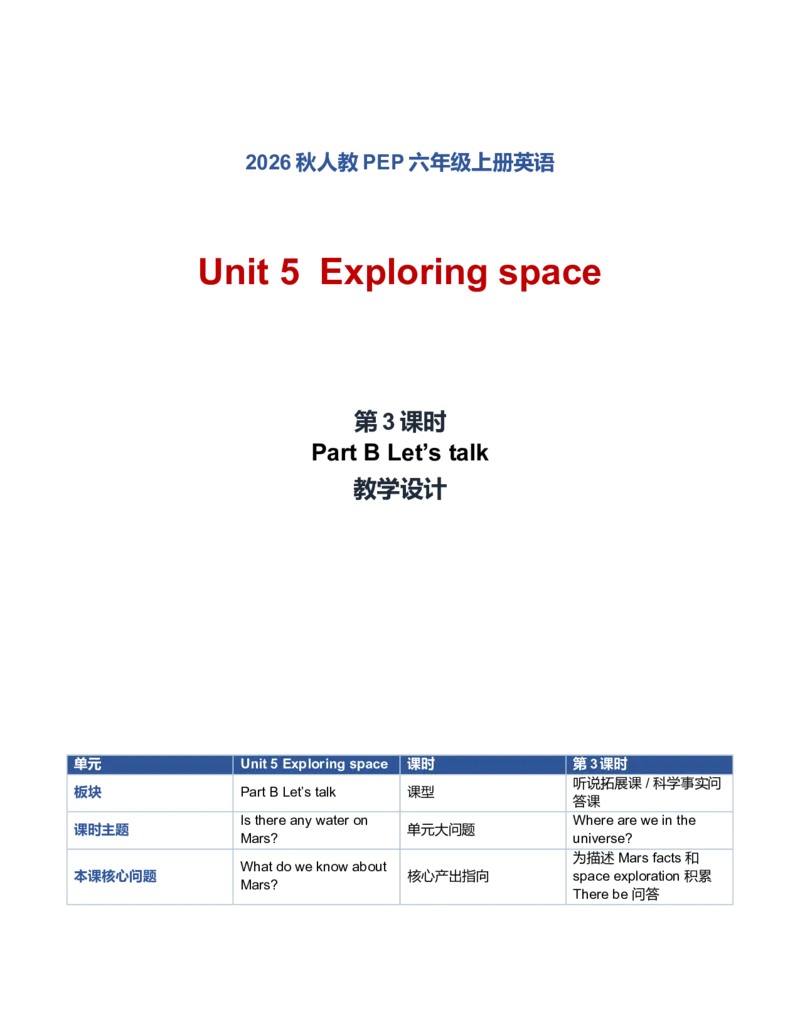 《U5L3PartBLet'stalk&Listandtalk教学设计_小学英语_26秋人教PEP版英语6年级上册核心素养教案+课件新版_2026秋人教版六上英语_6上-人教PEP版英语（2026秋持续更新）_01课件+教案》第1页预览