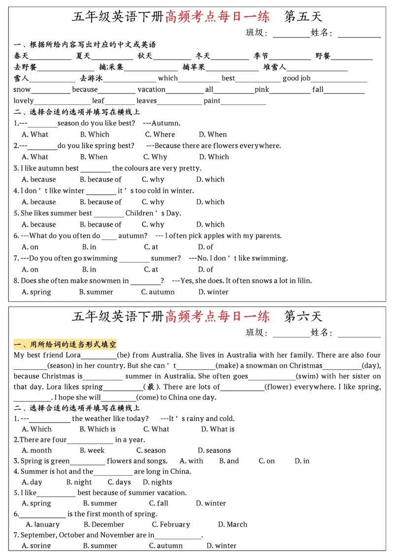 《五年级英语高频考点每日一练-高清无水印完整版本_五年级》第3页预览