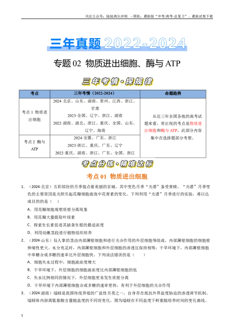 《专题02物质进出细胞、酶与ATP（原卷版）_06-生物-高考总复习_专项复习_2025年_五年2020-2024高考真题分类汇编生物真题分类汇编（全国通用）》第1页预览