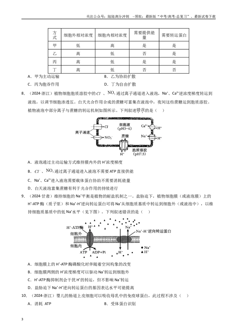 《专题02物质进出细胞、酶与ATP（原卷版）_06-生物-高考总复习_专项复习_2025年_五年2020-2024高考真题分类汇编生物真题分类汇编（全国通用）》第3页预览