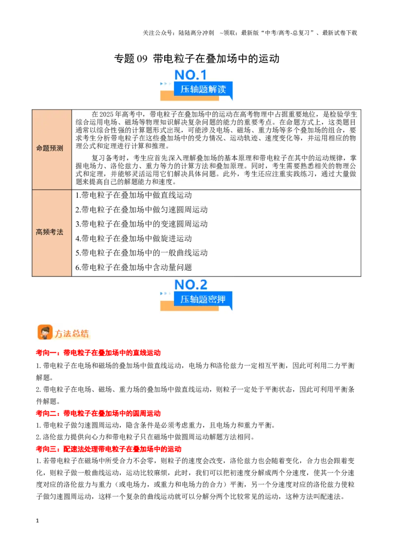 《专题09带电粒子在叠加场中的运动（教师版）-38页_04-物理-高考总复习_专项复习_2025年_2025年高考物理压轴题专项训练（新高考通用）_资料》第1页预览