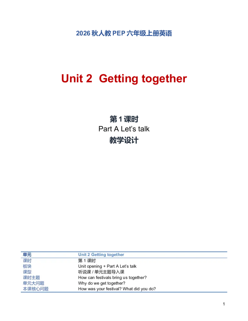 《U2L1PartALet’stalk教学设计_26秋小学初中各机构教辅大合集（一本、教材帮、阳光同学、王朝霞、实验班、小典中点、上分卷、白欧、课堂笔记等等）_26秋小学教辅资料_1526秋课件教案》第1页预览