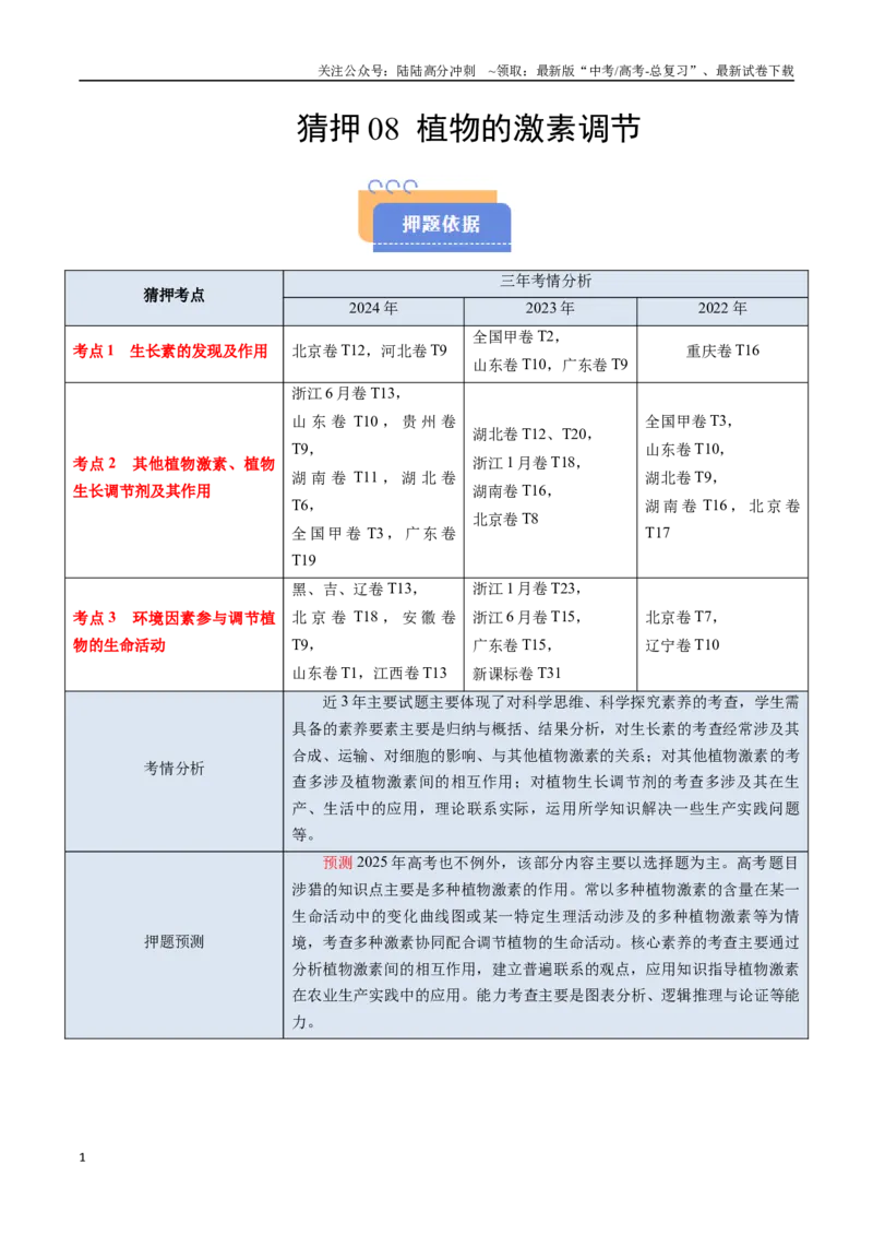 《猜押08植物的激素调节（教师版）_06-生物-高考总复习_专项复习_2025年_2025年高考生物抢分秘籍（新高考专用）_2025版》第1页预览
