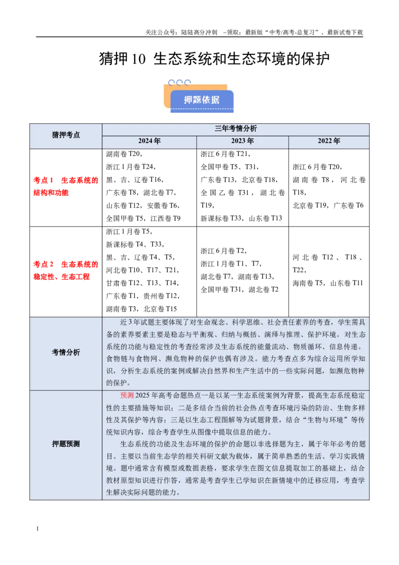 《猜押10生态系统和生态环境的保护（学生版）_06-生物-高考总复习_专项复习_2025年_2025年高考生物抢分秘籍（新高考专用）_2025版》第1页预览