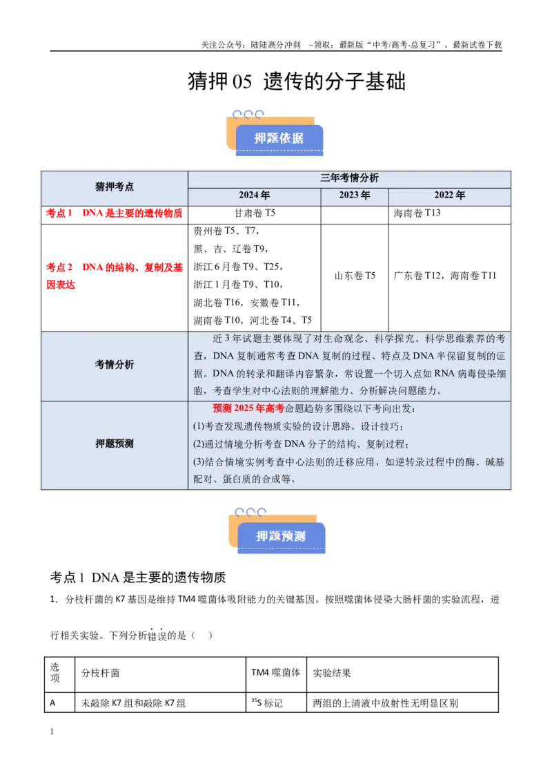 《猜押05遗传的分子基础（学生版）_06-生物-高考总复习_专项复习_2025年_2025年高考生物抢分秘籍（新高考专用）_2025版》第1页预览