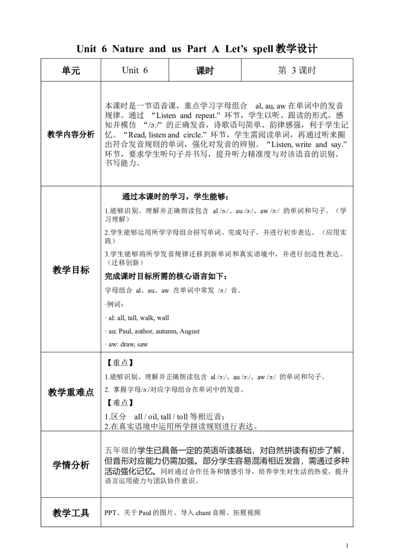 《Unit6第3课时PartALet'sspell(教学设计)英语人教PEP版五年级上册（新教材）_26秋小学教辅资料_1526秋课件教案_小学英语_26秋人教PEP版英语5年级上册核心素养教案+课件新版_教案1》第1页预览