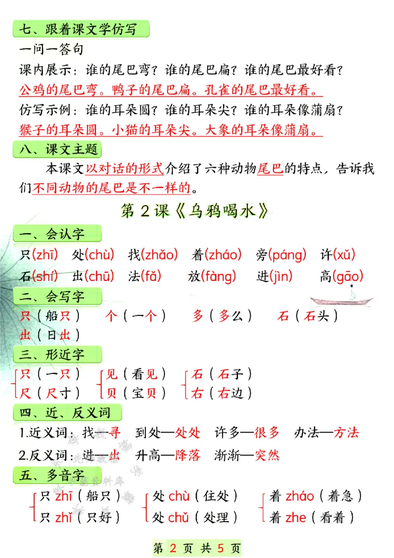 《24年一上语文第八单元知识汇总-SY_1年级上册同步教辅_1上语文_一上语文-知识点汇总》第2页预览
