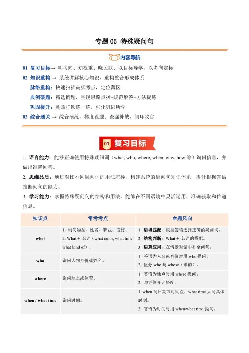 《人教2026《暑假复习讲义》专题05特殊疑问句（暑假复习讲义）（原卷版）_26秋初中教辅资料_26秋初中《暑假预习》_2026秋《暑假复习讲义》7上英语》第1页预览