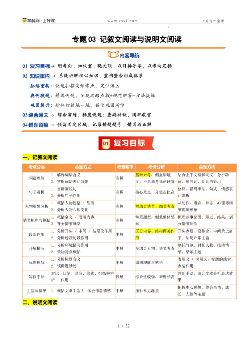 《专题03记叙文阅读与说明文阅读（暑假复习讲义）（原卷版）_26秋小学初中各机构教辅大合集（一本、教材帮、阳光同学、王朝霞、实验班、小典中点、上分卷、白欧、课堂笔记等等）》第1页预览