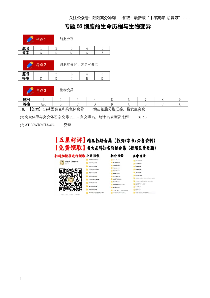 《专题03细胞的生命历程与生物变异(答案版)_06-生物-高考总复习_专项复习_2026年-生物高考专项复习_2026年高考生物二模试题分类汇编(湖南专用)-G292_2026版》第1页预览