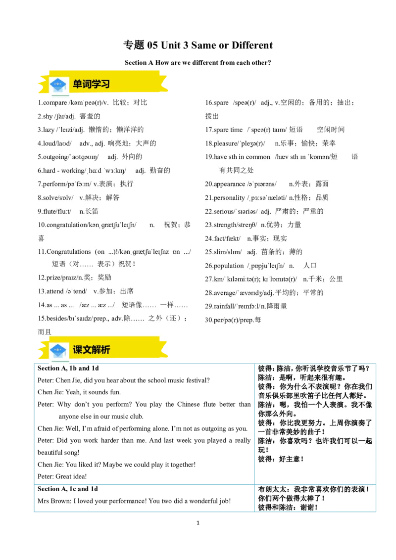 《人教2026版《暑假预习讲义》专题05Unit3SameorDifferentSectionA（原卷版）_26秋初中教辅资料_26秋初中《暑假预习》_（英语）2026版初中《暑假衔接讲义》新8年级上册（人教）01套》第1页预览
