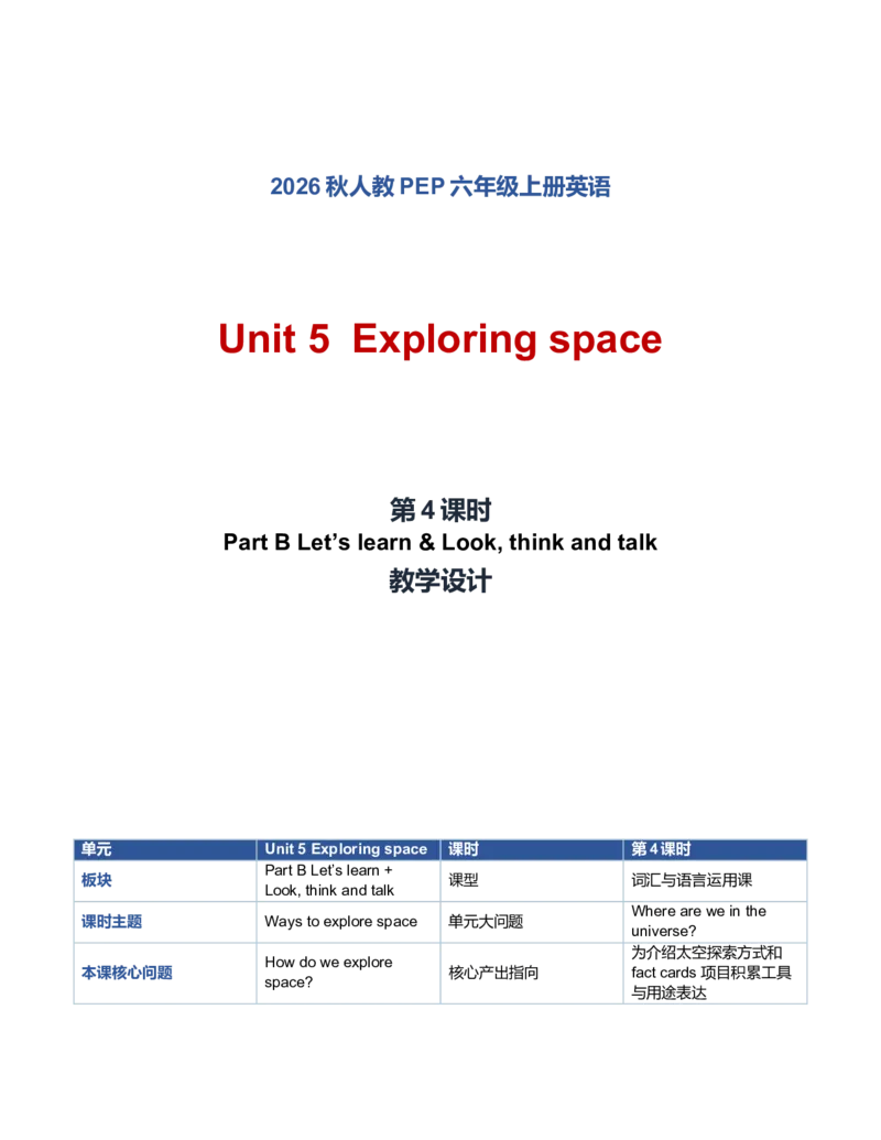 《U5L4PartBLet’slearn&Look,thinkandtalk教学设计_小学英语_26秋人教PEP版英语6年级上册核心素养教案+课件新版_2026秋人教版六上英语_6上-人教PEP版英语（2026秋持续更新）_01课件+教案》第1页预览
