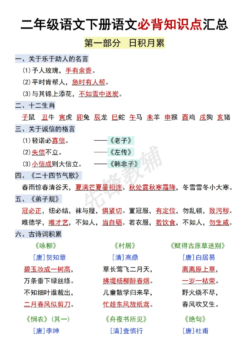《B20109二年级（下）语文必背知识点汇总(微信564455174)_2年级下册同步教辅_2下-语文_二下语文-重点必备资料》第1页预览