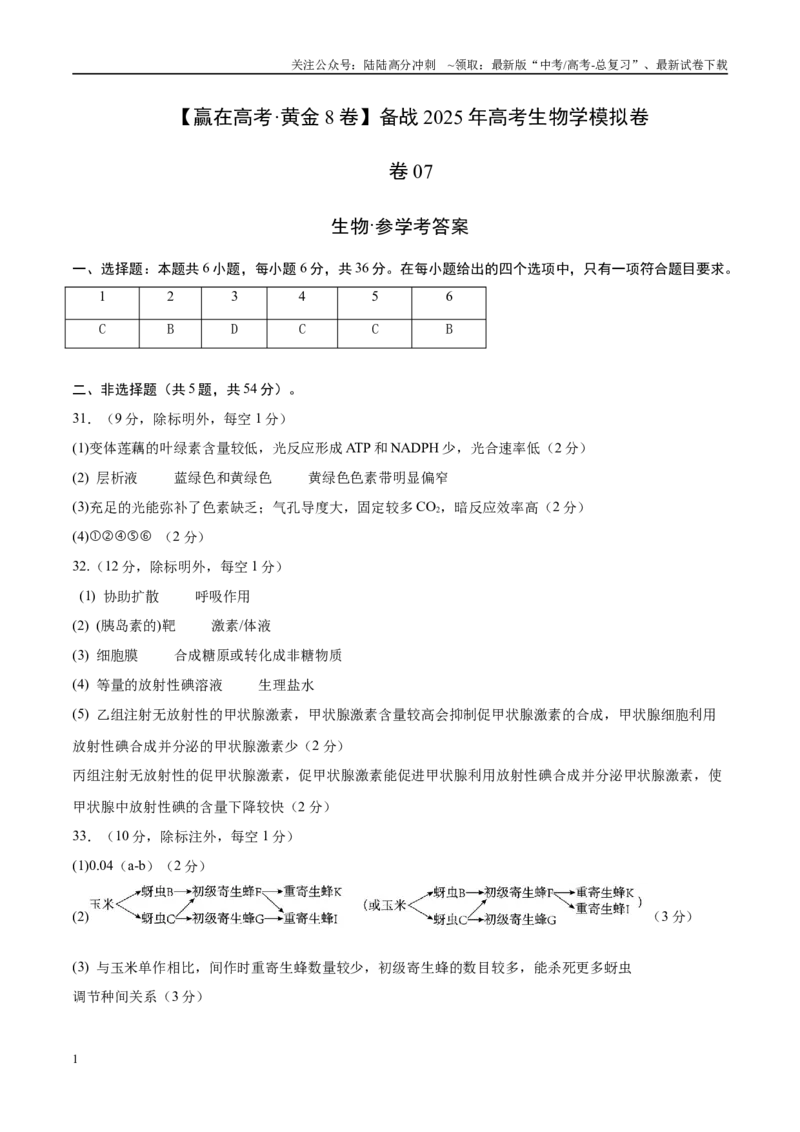 《模拟卷07（参考答案）_06-生物-高考总复习_专项复习_2025年_2025年高考生物模拟卷（新疆、西藏专用）8套》第1页预览
