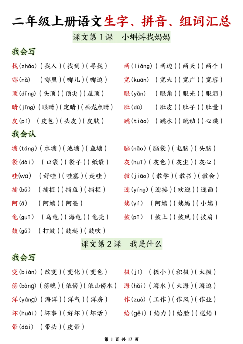 《8.17二年级语文上册生字拼音组词_2年级上册同步教辅_2上-语文_二上语文-生字+字帖》第1页预览