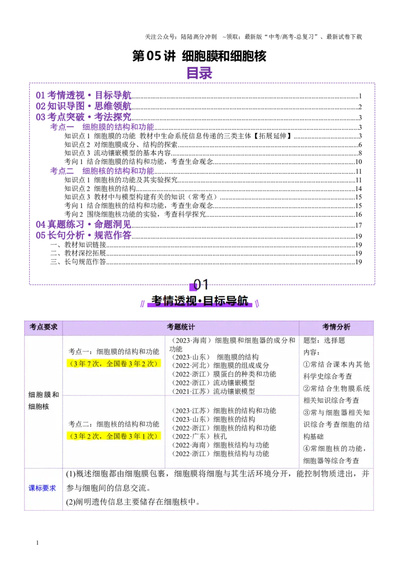 《第05讲细胞膜和细胞核（讲义）（教师版）_06-生物-高考总复习_一轮复习_2025年_2025年新高考生物一轮复习讲义PPT知识点习题训_资料_第二单元细胞的结构、功能和物质运输》第1页预览