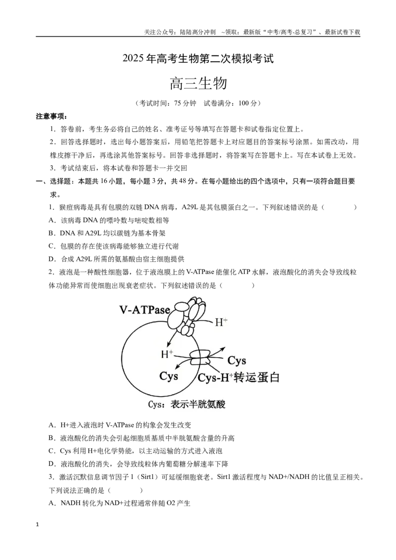 《生物（山西、陕西、宁夏、青海通用）（考试版）_06-生物-高考总复习_二轮复习_2025年_2025年高考生物第二次模拟卷26套_生物（山西、陕西、宁夏、青海通用）》第1页预览