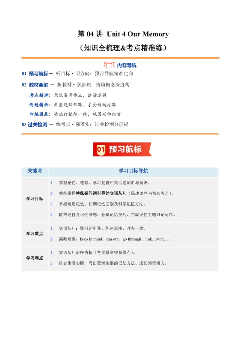 《人教2026《暑假预习讲义》第04讲Unit4OurMemory（知识全梳理&考点精准练）（暑假预习讲义）（原卷版）_26秋初中教辅资料_26秋初中《暑假预习》_2026秋《暑假预习讲义》9上英语》第1页预览