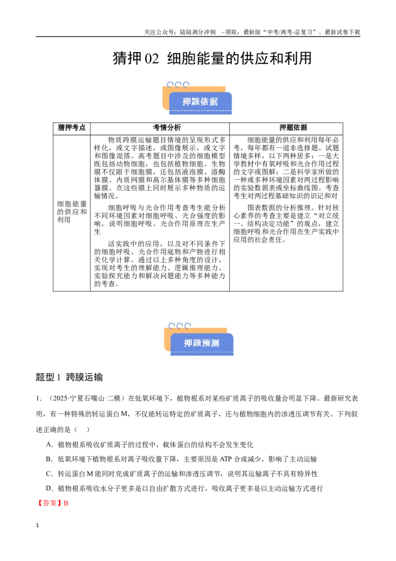 《猜押02细胞能量的供应和利用（教师版）_06-生物-高考总复习_专项复习_2025年_2025年高考生物抢押秘籍（陕西、山西、宁夏、青海专用）》第1页预览