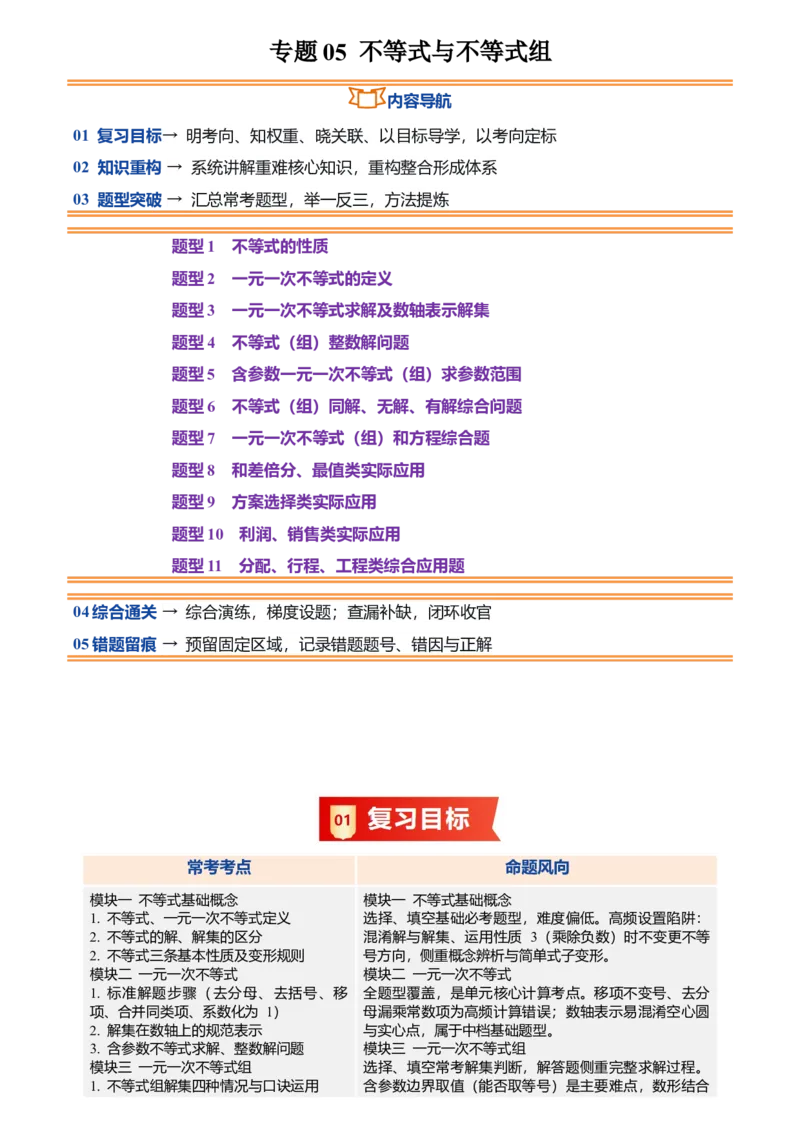 《专题05不等式与不等式组(暑假复习讲义)(解析版)_26秋小学初中各机构教辅大合集（一本、教材帮、阳光同学、王朝霞、实验班、小典中点、上分卷、白欧、课堂笔记等等）_复习讲义》第1页预览