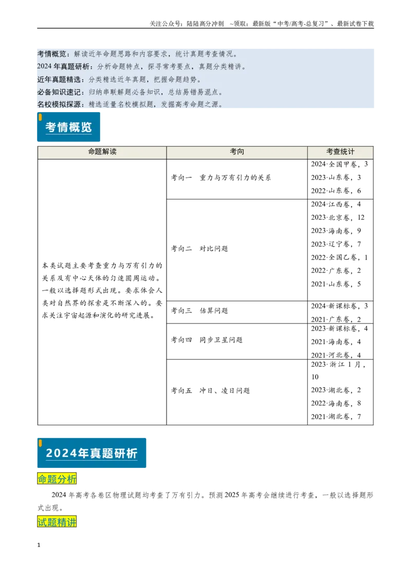 《专题08万有引力与重力的关系及有中心天体的匀速圆周运动（解析版）_04-物理-高考总复习_专项复习_2024年_2024年高考物理真题题源解密（新高考通用）》第1页预览