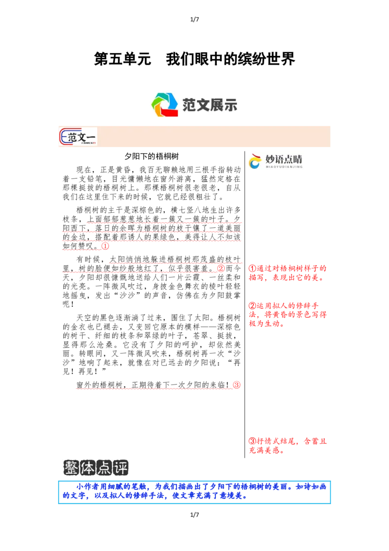 《三上语文第五单元习作《我们眼中的缤纷世界》（范文点评）_26秋小学初中各机构教辅大合集（一本、教材帮、阳光同学、王朝霞、实验班、小典中点、上分卷、白欧、课堂笔记等等）》第1页预览