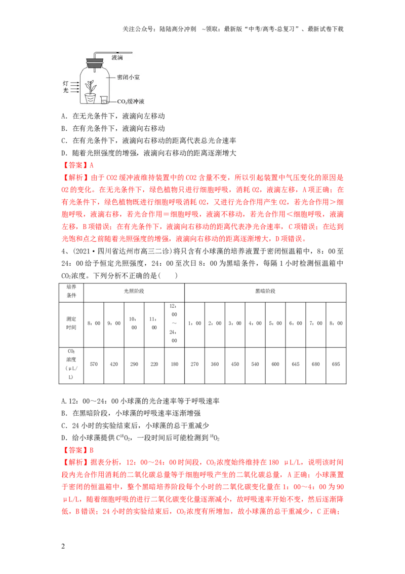 《专题10光合作用与细胞呼吸的综合应用（精练）（解析版）_06-生物-高考总复习_一轮复习_2024年_2024年高考生物一轮复习串讲精练知识点梳理练习题_精练》第2页预览