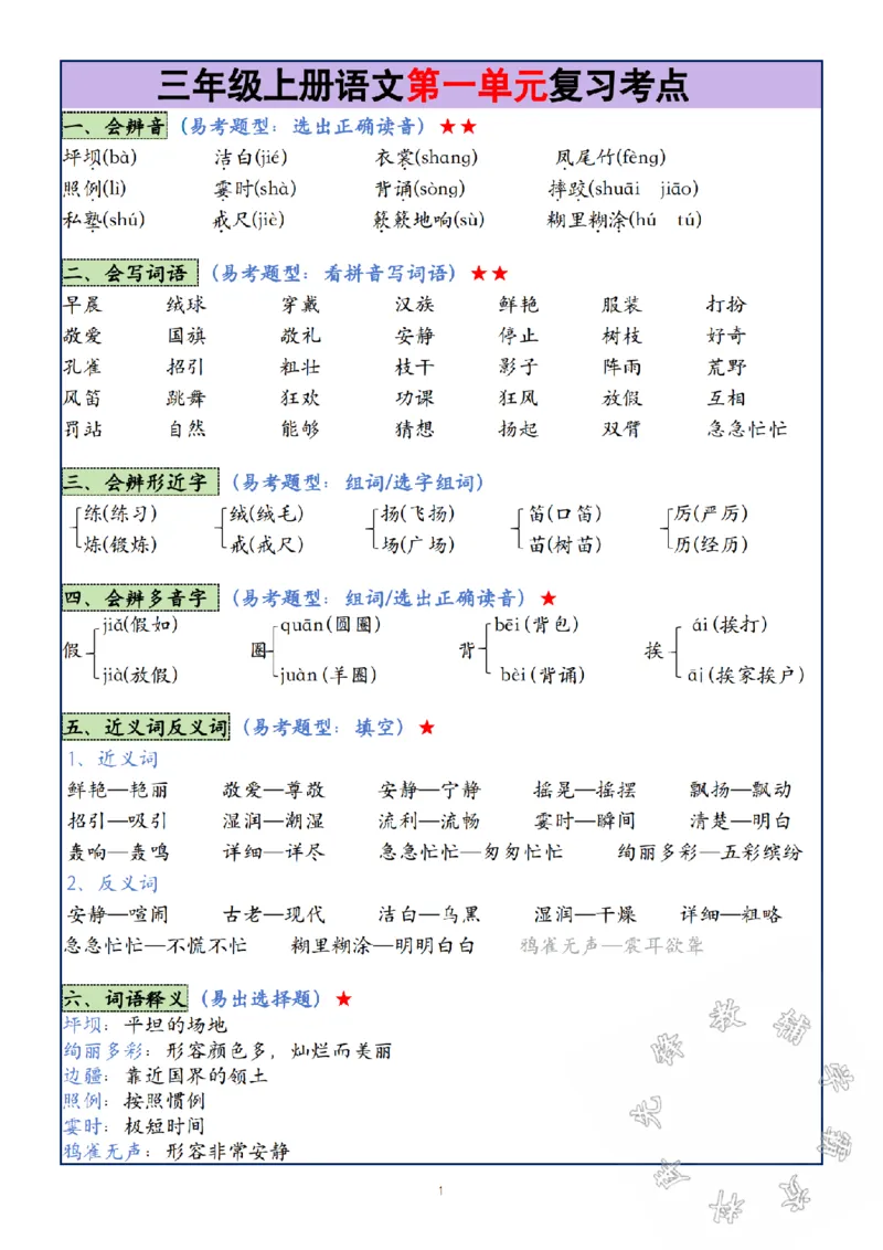 《24年三年级上册语文第1-8单元复习考点SY_3年级上册同步教辅合集_3上-语文_三上语文-核心考点》第1页预览