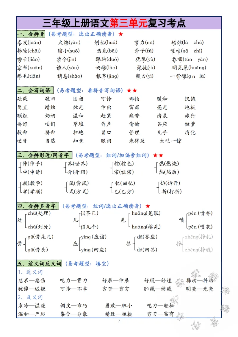 《24年三年级上册语文第1-8单元复习考点SY_3年级上册同步教辅合集_3上-语文_三上语文-核心考点》第7页预览