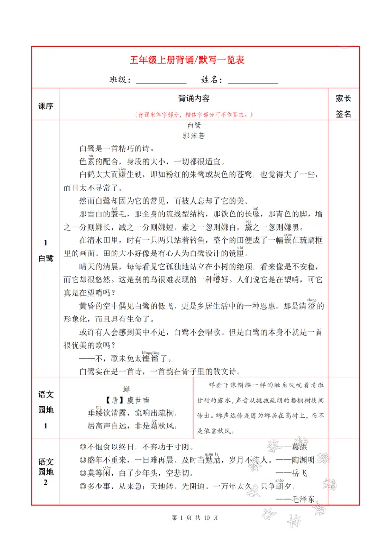 《24年五年级上册背诵默写一览表SY_5年级上册同步教辅_5上语文_五上语文专项+练习》第1页预览