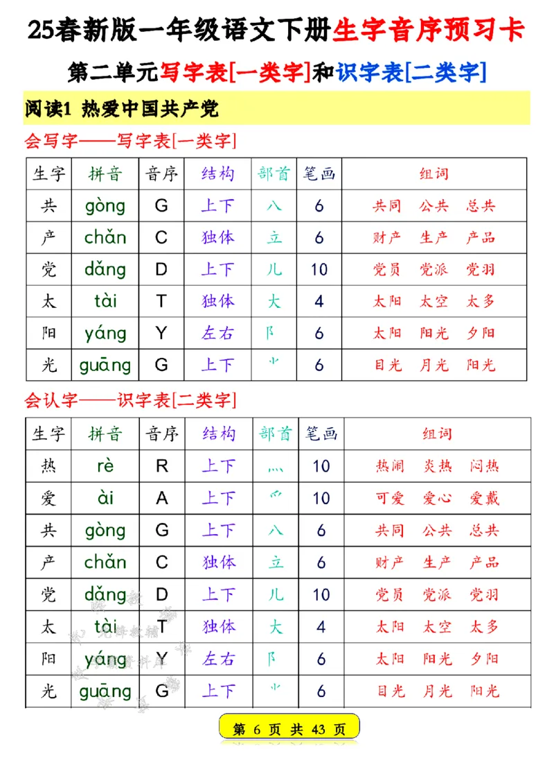 《25新一年级语文下册生字音序预习卡SY(1)_1年级下册同步教辅_1下-语文_一下语文-生字+字帖》第6页预览