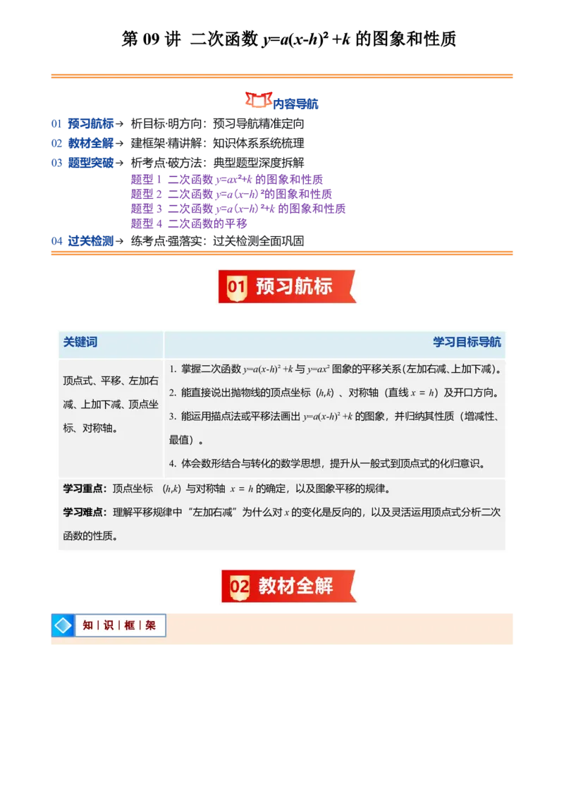 《人教2026版初中《暑假预习讲义》第09讲二次函数y=a(x-h)²+k的图象和性质(原卷版)_26秋初中教辅资料_26秋初中《暑假预习》_（数学）2026版初中《暑假衔接讲义》新9年级上册（人教）》第1页预览