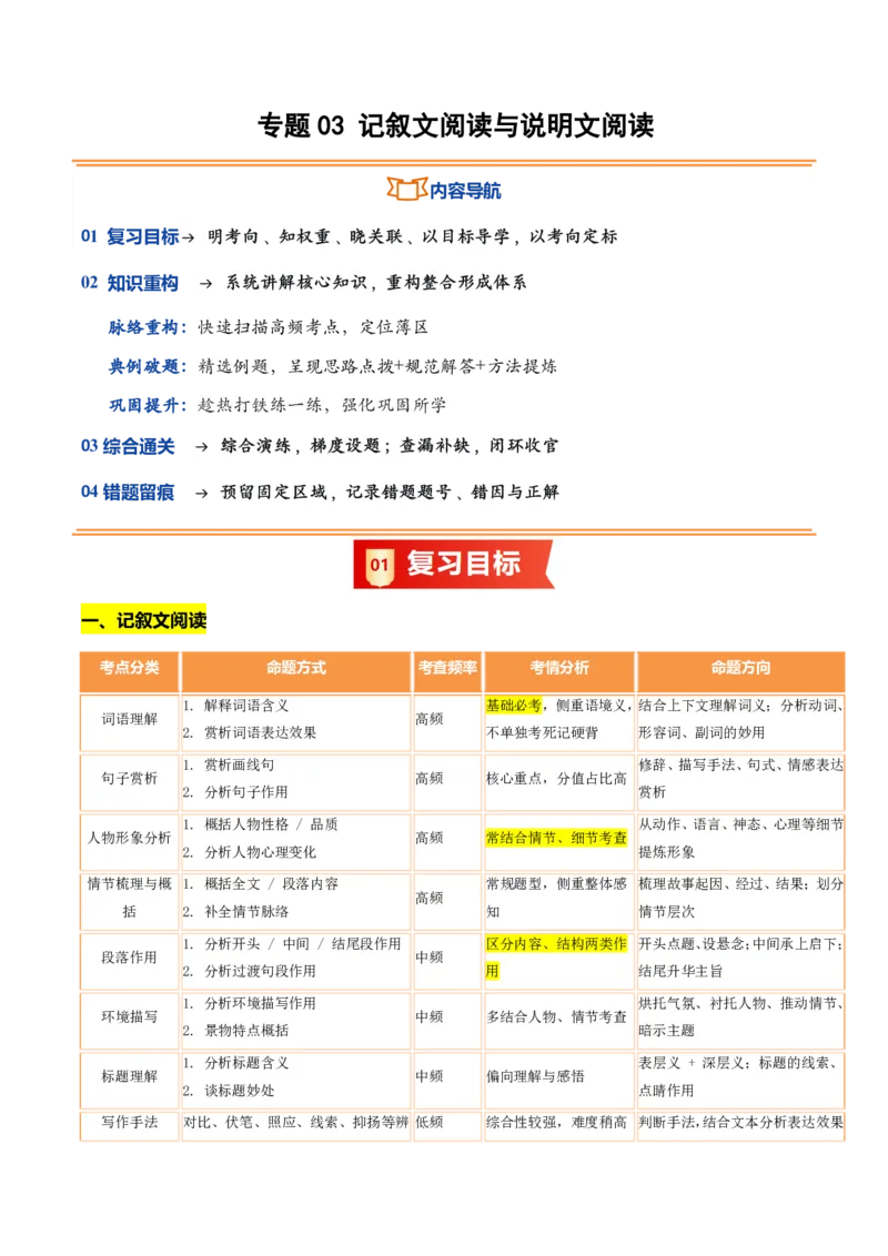 《统编2026年《暑假复习讲义》专题03记叙文阅读与说明文阅读（暑假复习讲义）（解析版）_26秋初中教辅资料_26秋初中《暑假预习》_2026秋《暑假自学课》9上语文（人教版）》第1页预览
